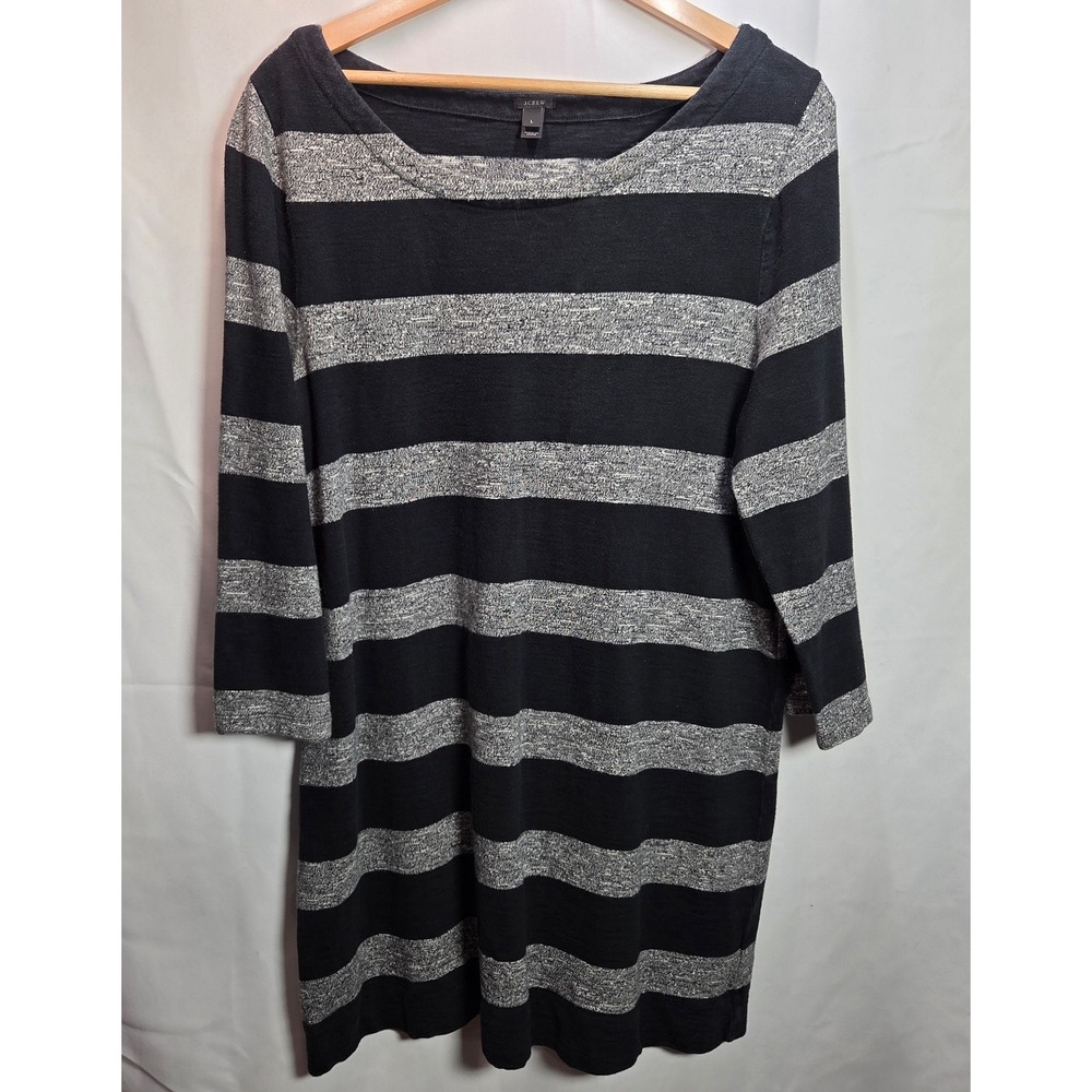 J.Crew Knit Dress Large Black Gray Stripe Lightweight 3/4 Sleeve Career Casual